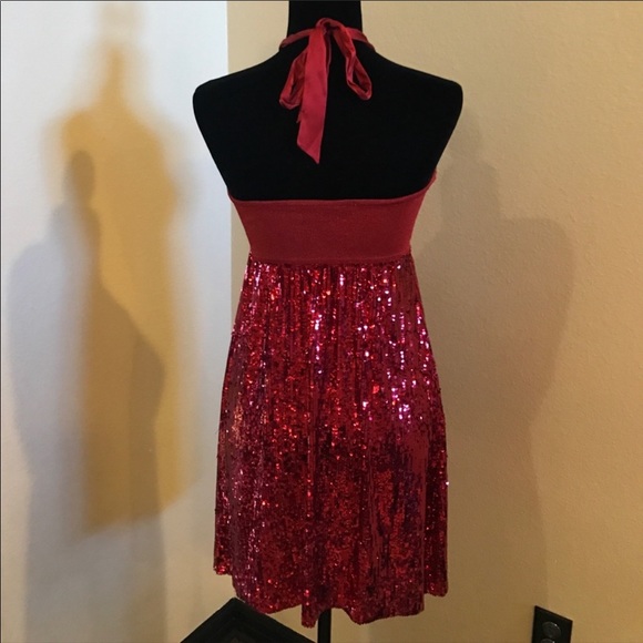Authentic Bebe red sequins halter strapless dress sz S - Picture 3 of 7